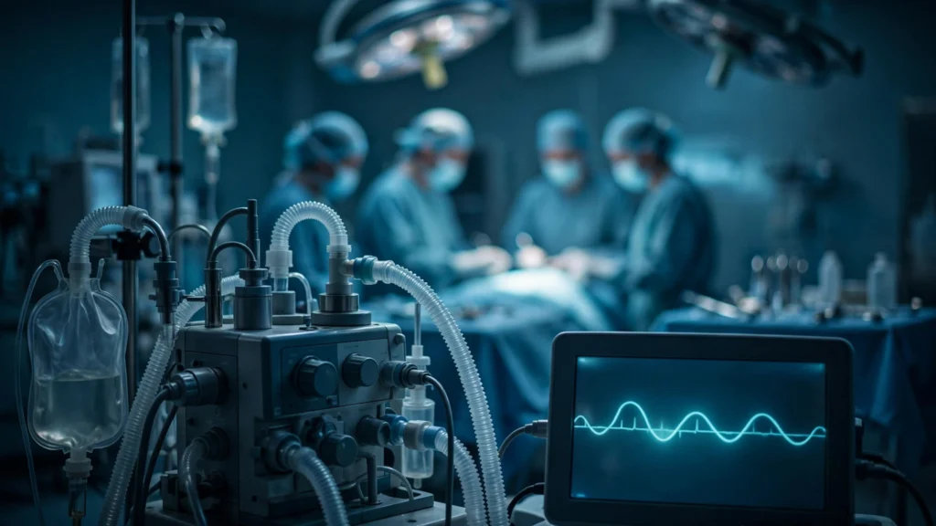 Dimly lit operating room with an anesthesia machine and glowing vital-signs monitor, surgical team blurred in the background.