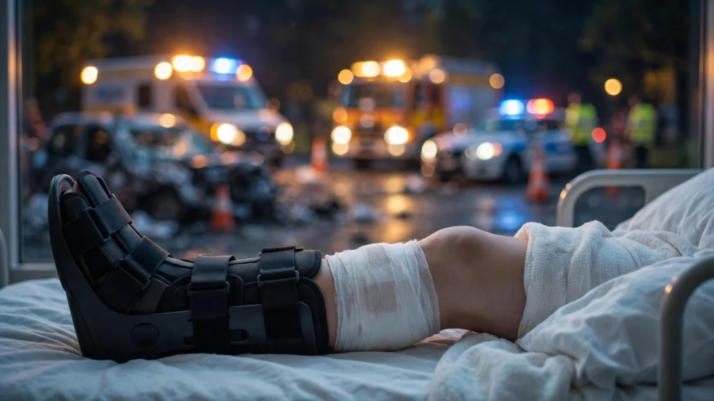 Bandaged leg in a medical boot resting on a hospital bed, with emergency vehicles at a nighttime car crash scene in the background.