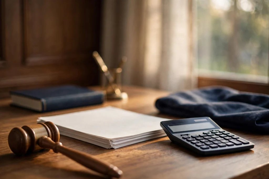 Law office desk with gavel, legal documents and calculator illustrating the cost of suing someone for personal injury.