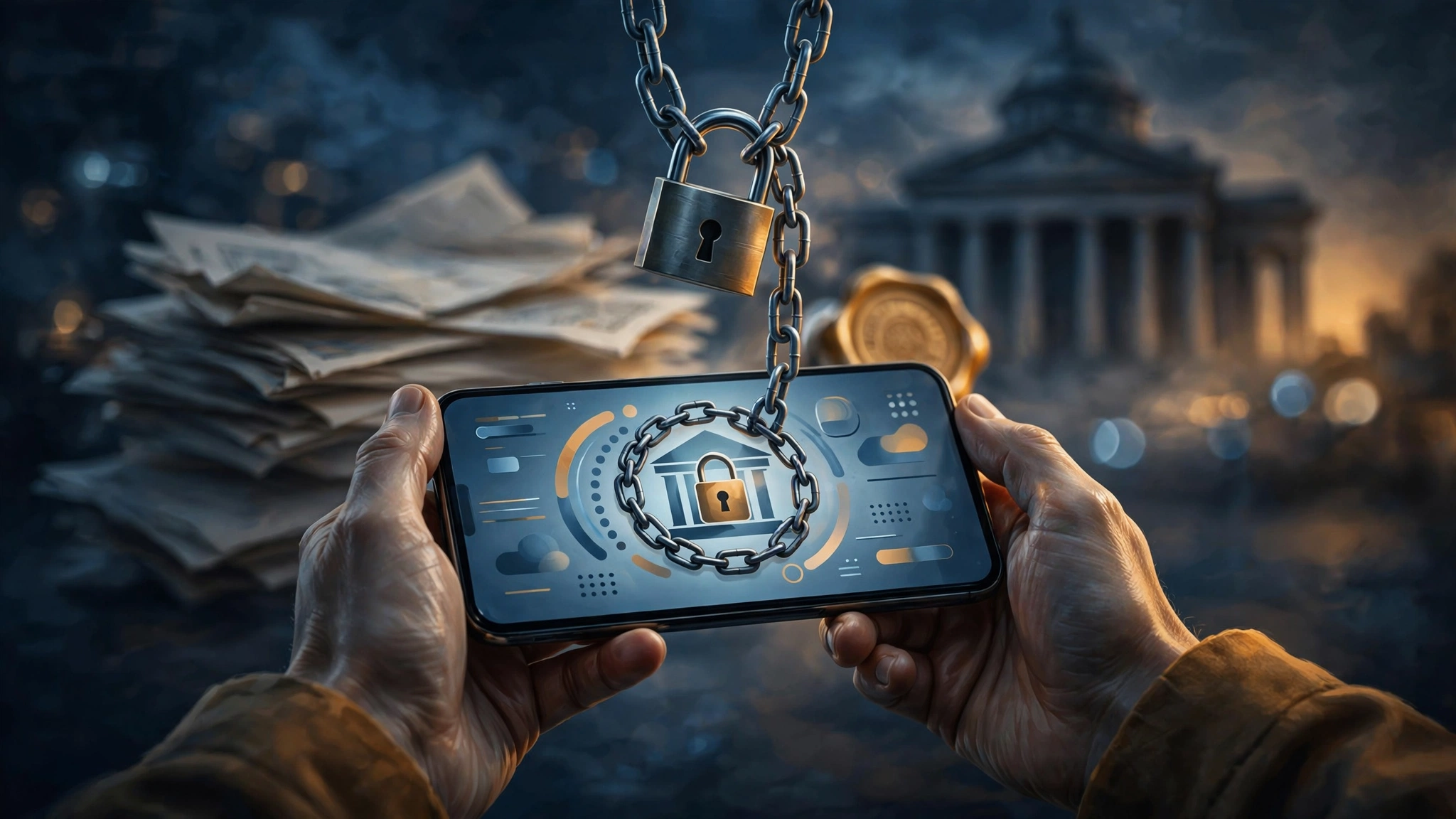 Hands holding a smartphone showing a locked bank account icon, with chains, a padlock, legal documents and a courthouse in the background — illustrating how debt collectors can freeze a bank account only through a court judgment.