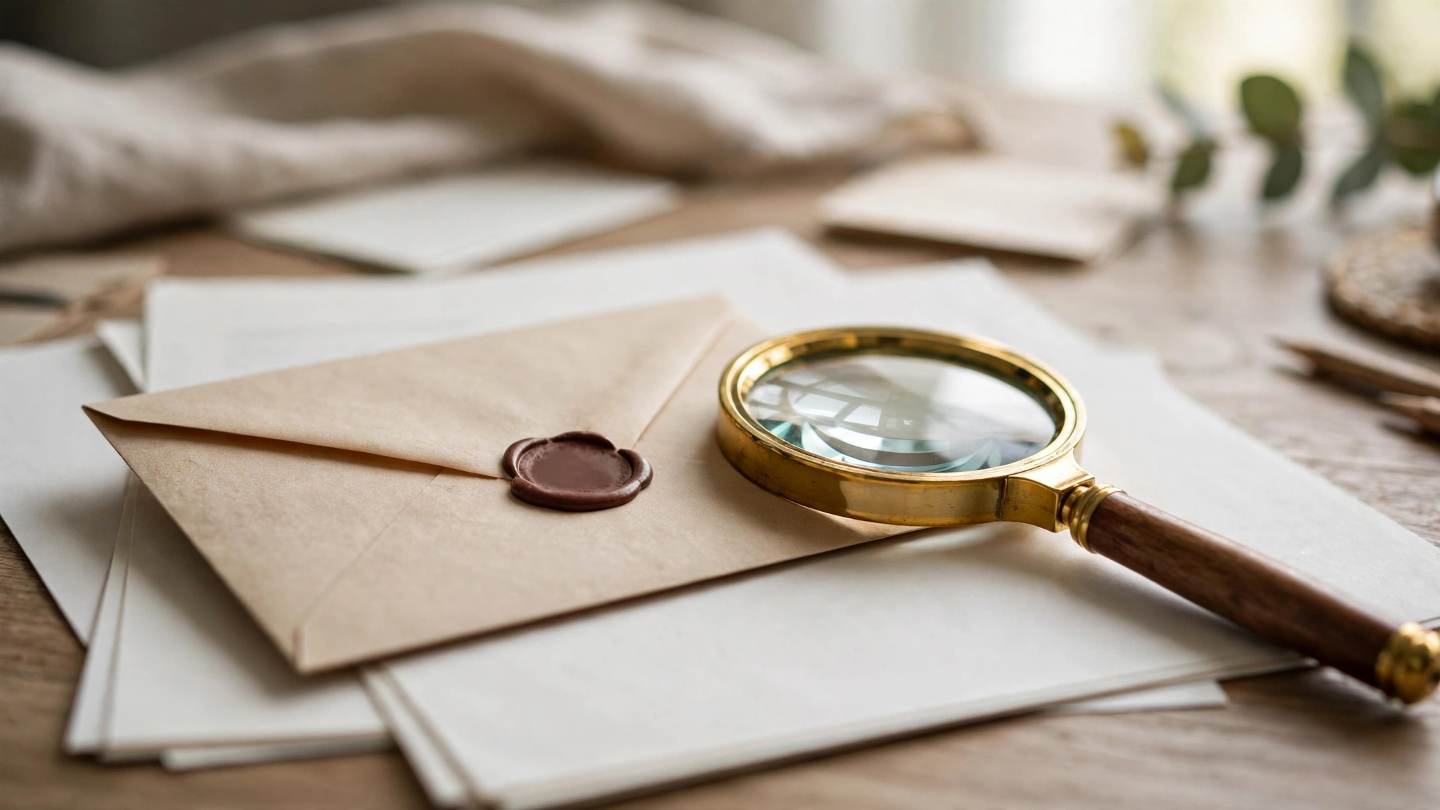 Close-up of a letter and magnifying glass over debt paperwork on a home-office desk, no text