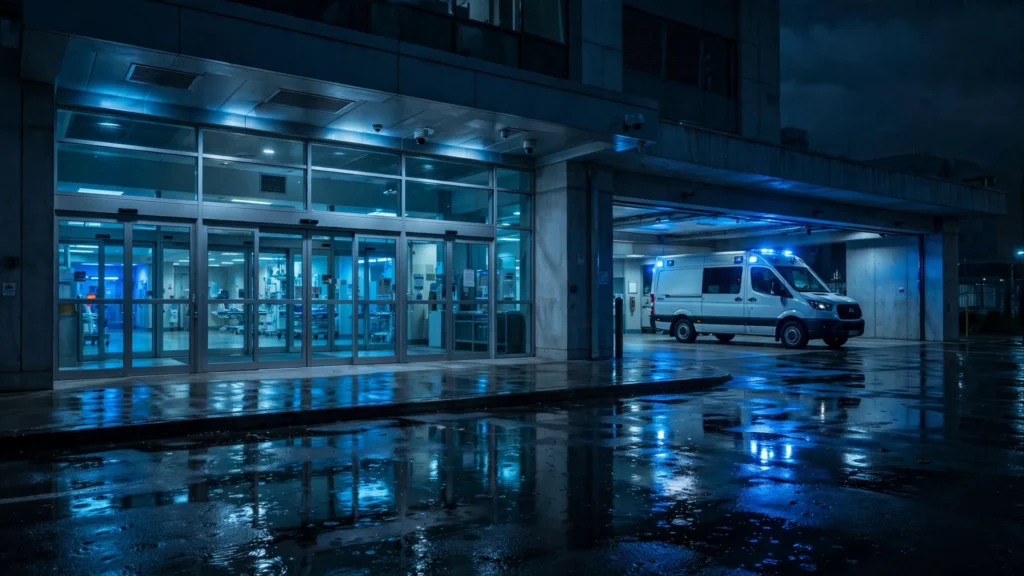 Hospital emergency entrance at night with an ambulance under cool blue tones, no text