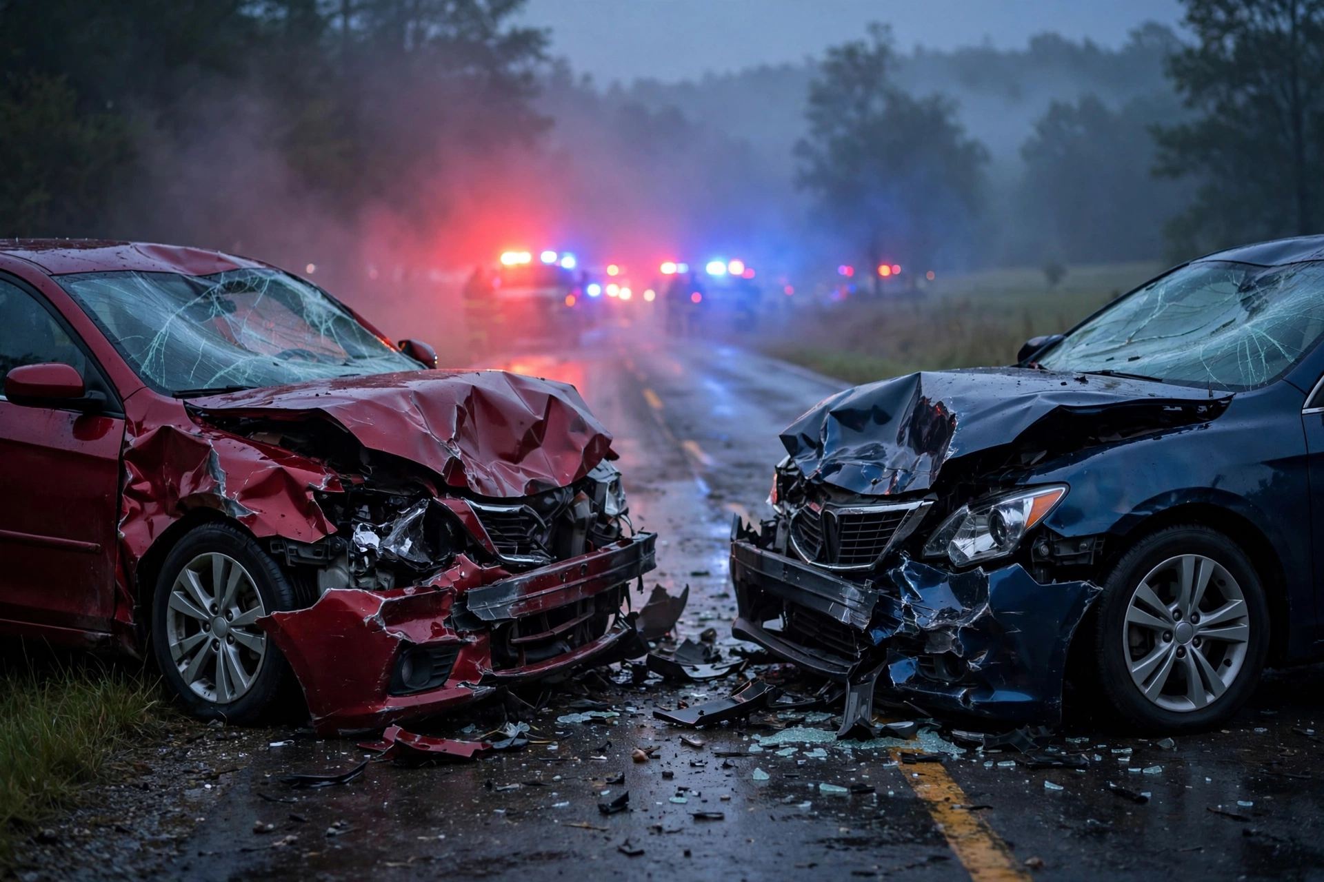 Two damaged sedans after a head-on collision on a rural highway at dusk, red emergency lights glowing, no text