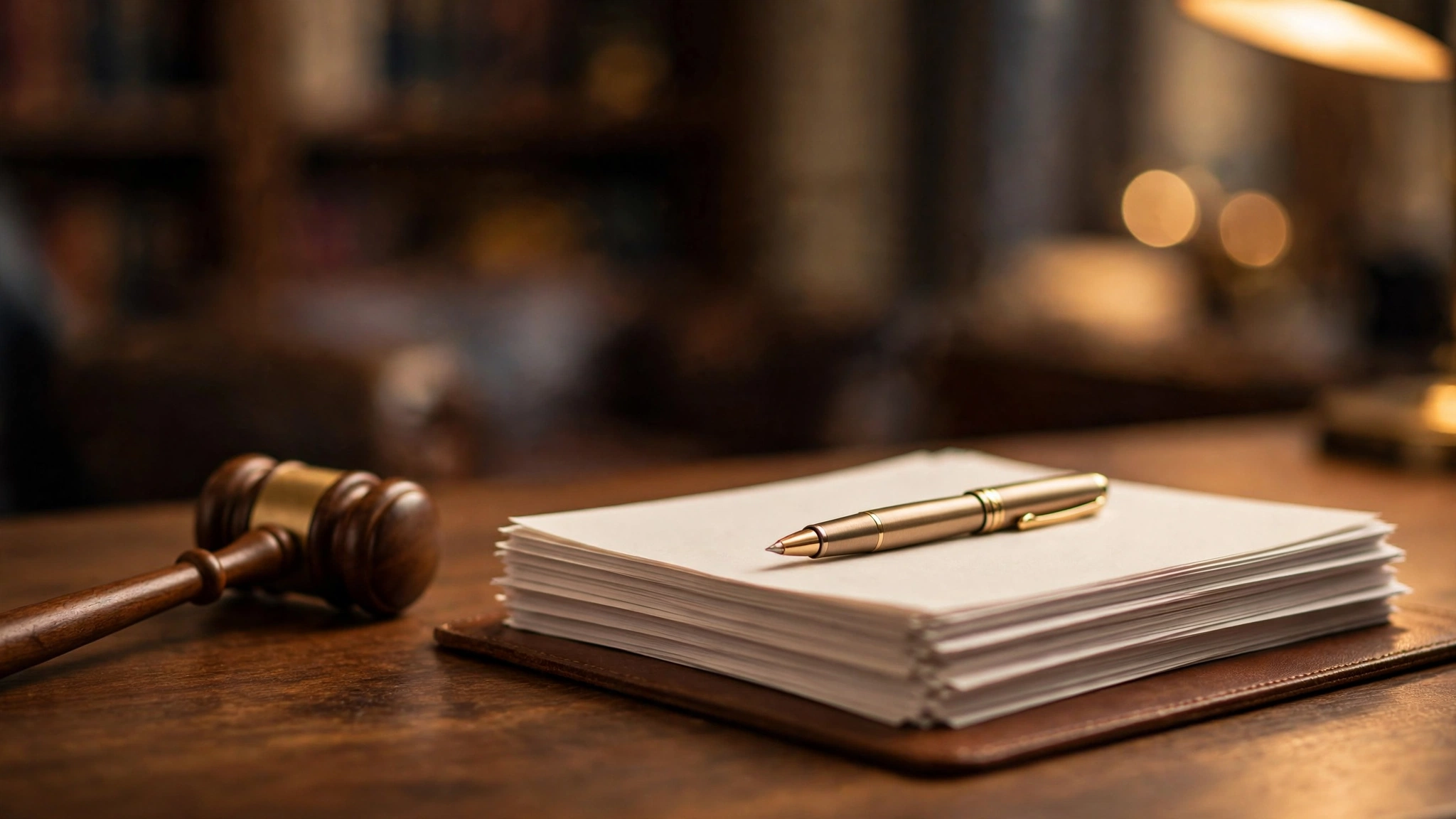 Law office desk with a gavel, legal settlement documents and a pen under warm light, no text