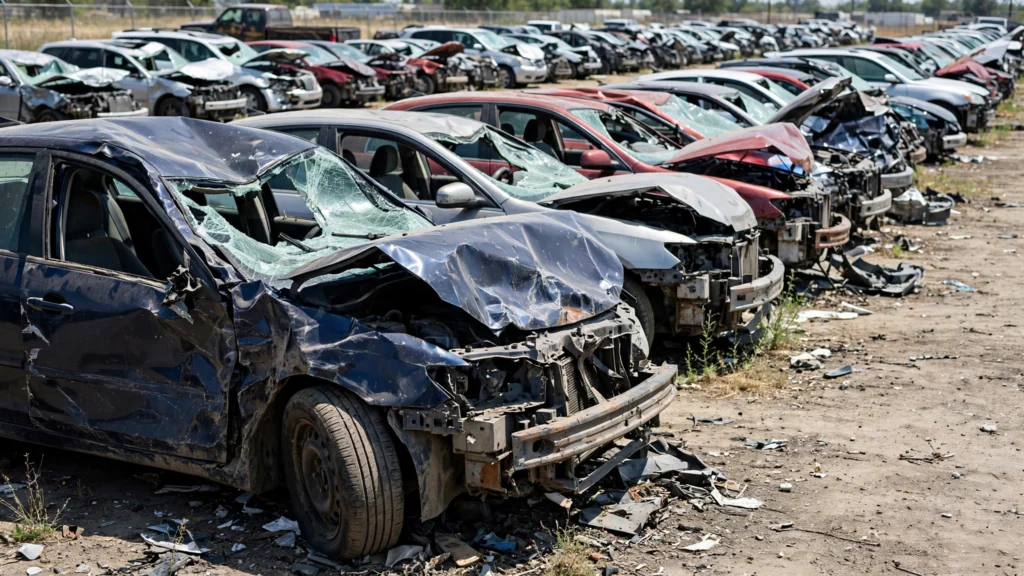Totaled sedan in a salvage yard on a bright day, with insurance paperwork on the hood, no text