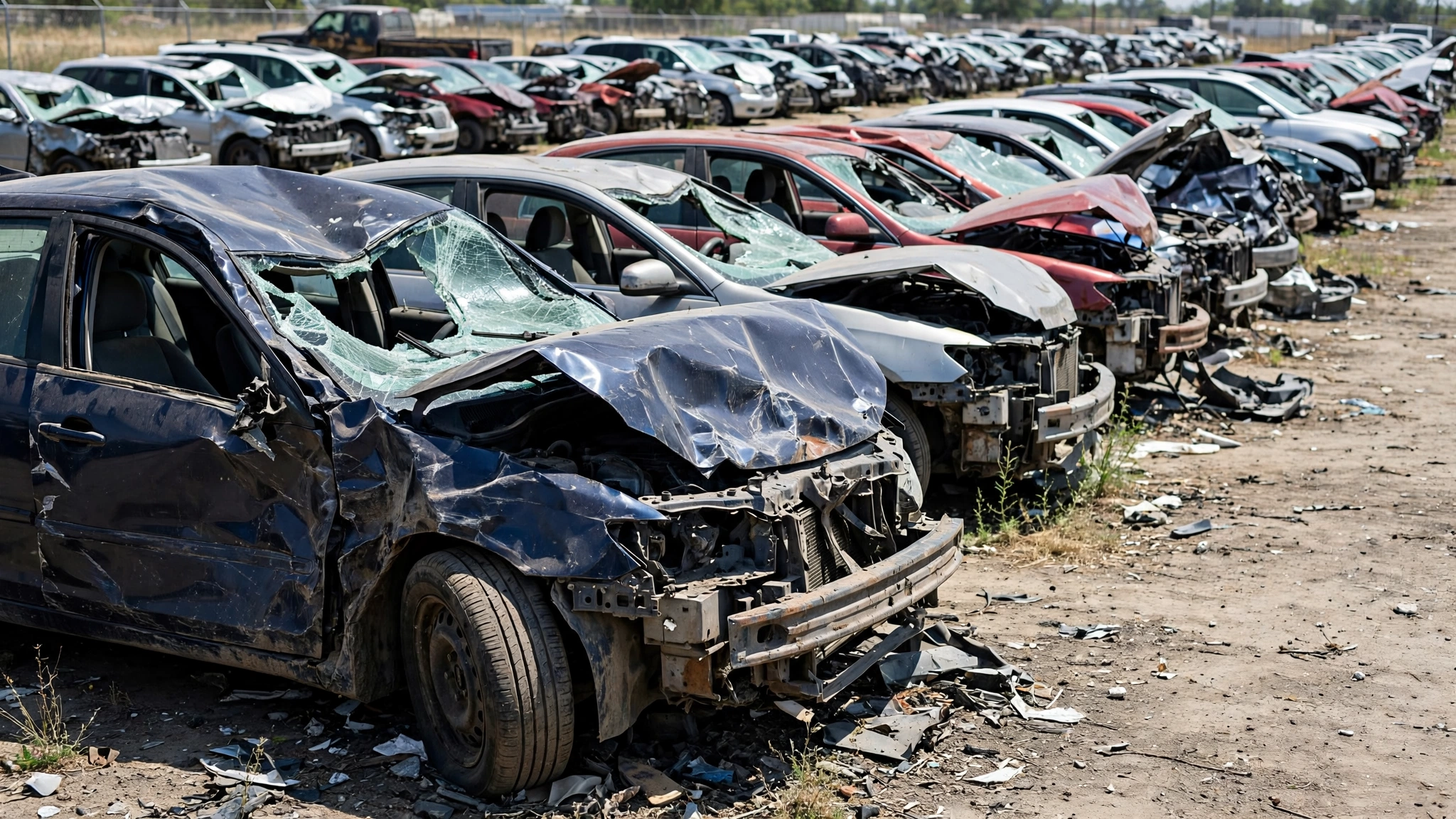 Totaled sedan in a salvage yard on a bright day, with insurance paperwork on the hood, no text