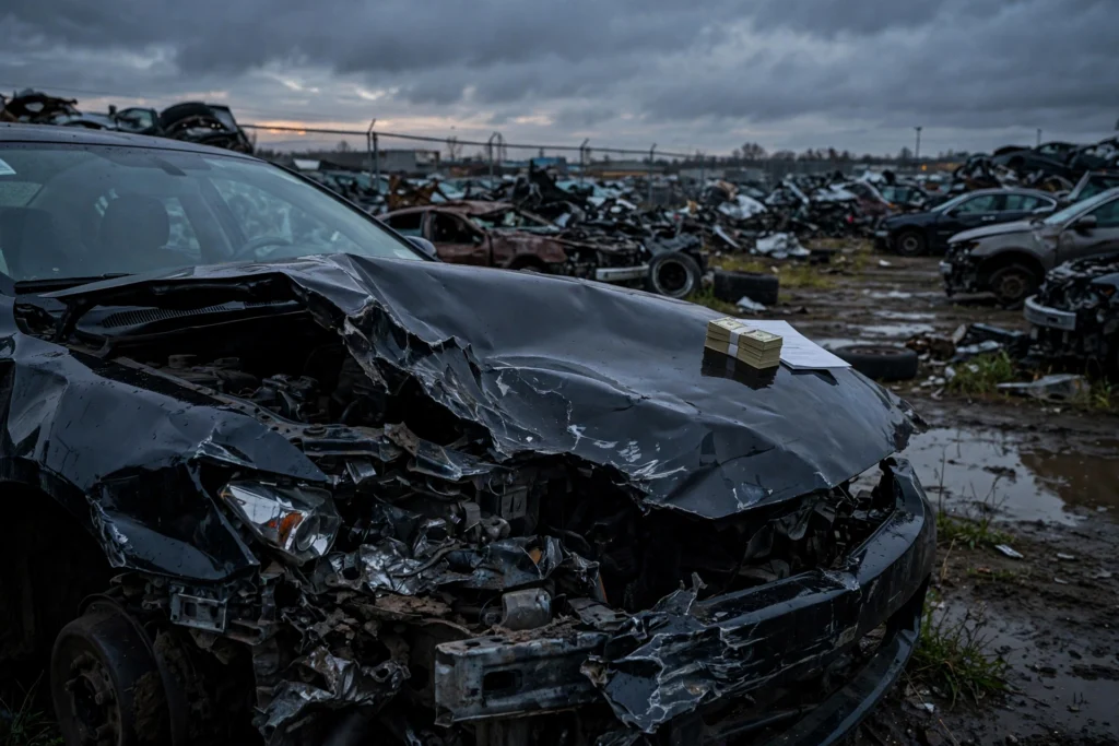 Totaled car in a salvage yard with a stack of cash on the hood, illustrating the gap between a car's actual cash value and the remaining loan balance in a gap insurance claim after a car accident.