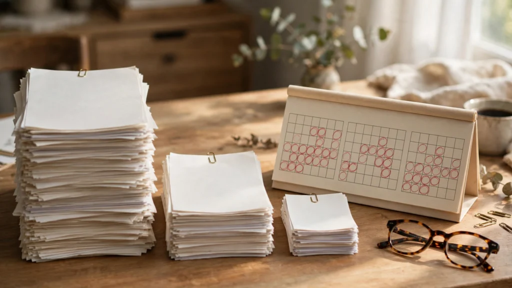 Calendar with marked months beside a shrinking stack of debt paperwork on a desk