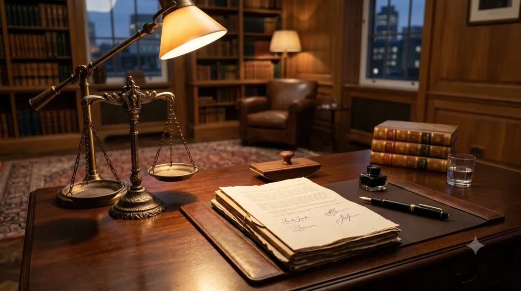 A professional photograph of a personal injury attorney reviewing a fee agreement document with a client across a desk in a modern law office, with no text visible in the image.