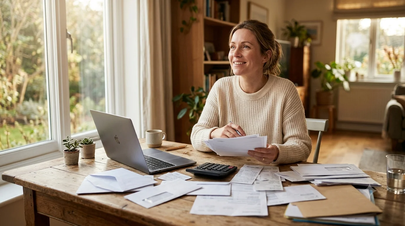 Professional photo of a person reviewing bills and a calculator at a home desk in warm light, symbolizing the choice between settling debts alone or with help.