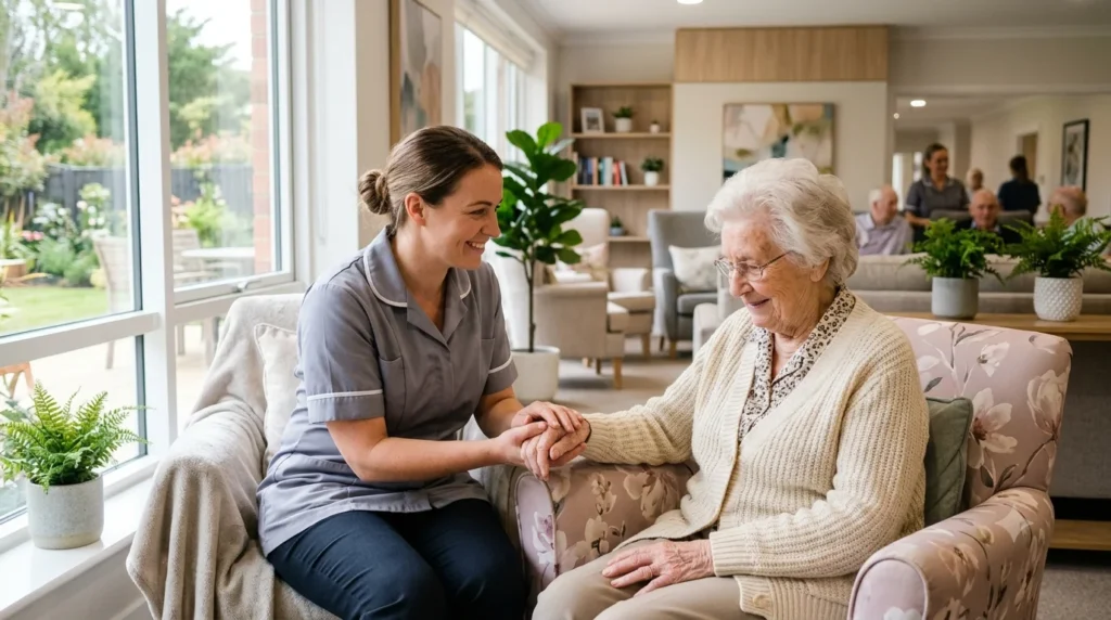 A compassionate caregiver gently holding the hand of an elderly nursing home resident in a bright, professional care facility, wide landscape composition with no text.