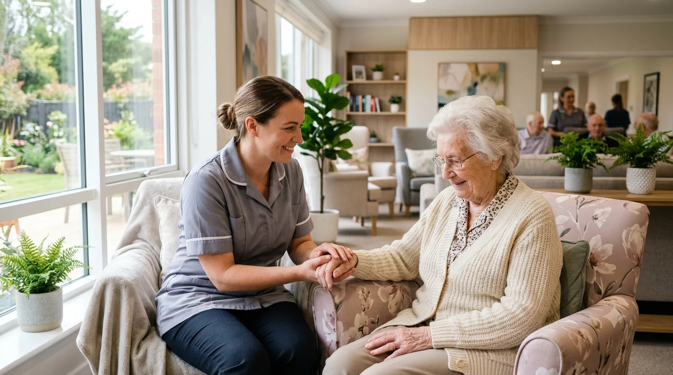 A compassionate caregiver gently holding the hand of an elderly nursing home resident in a bright, professional care facility, wide landscape composition with no text.