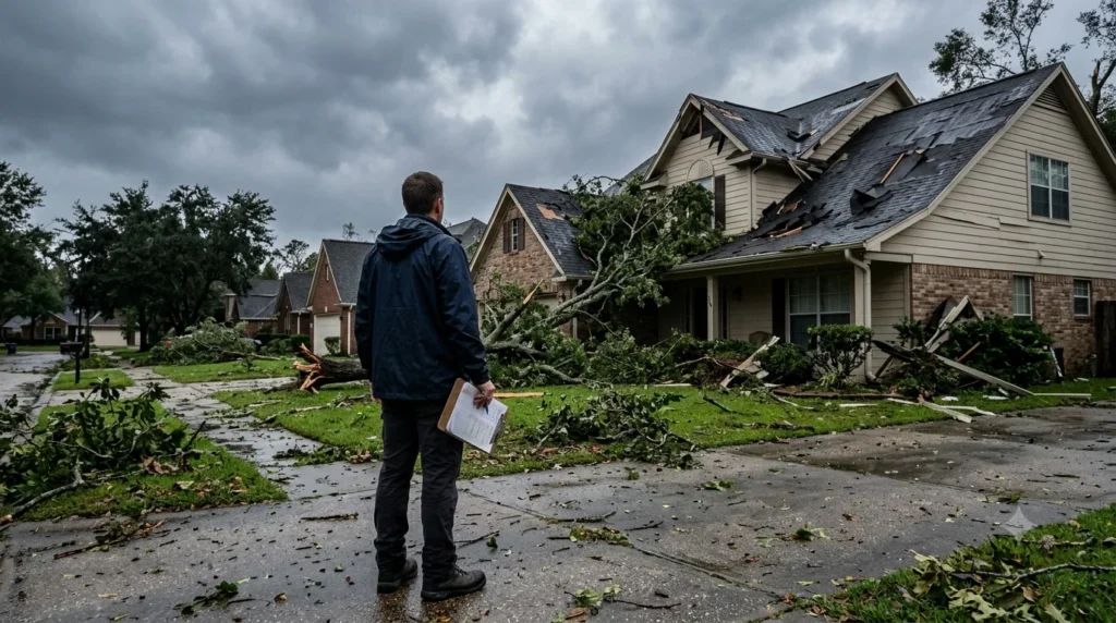 A professional photograph of a storm-damaged suburban home with a blue tarp covering part of the roof and fallen tree branches scattered in the yard at dusk, with no text in the image.