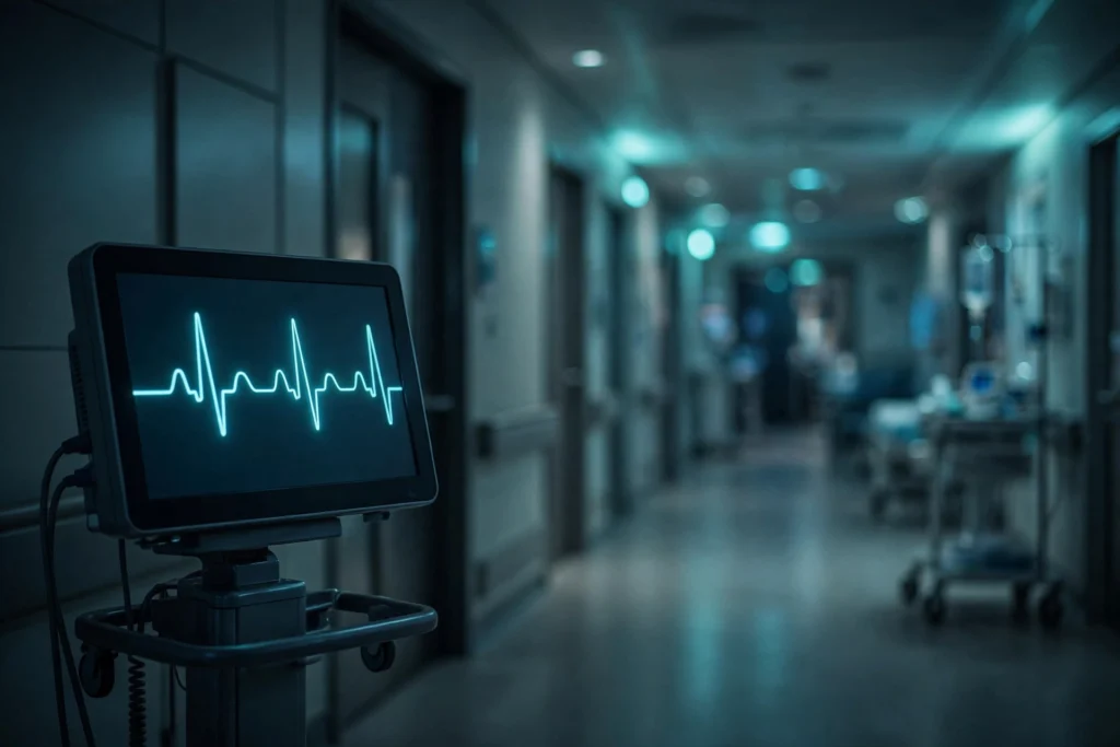 Dim hospital cardiology corridor with an EKG monitor showing a heartbeat line