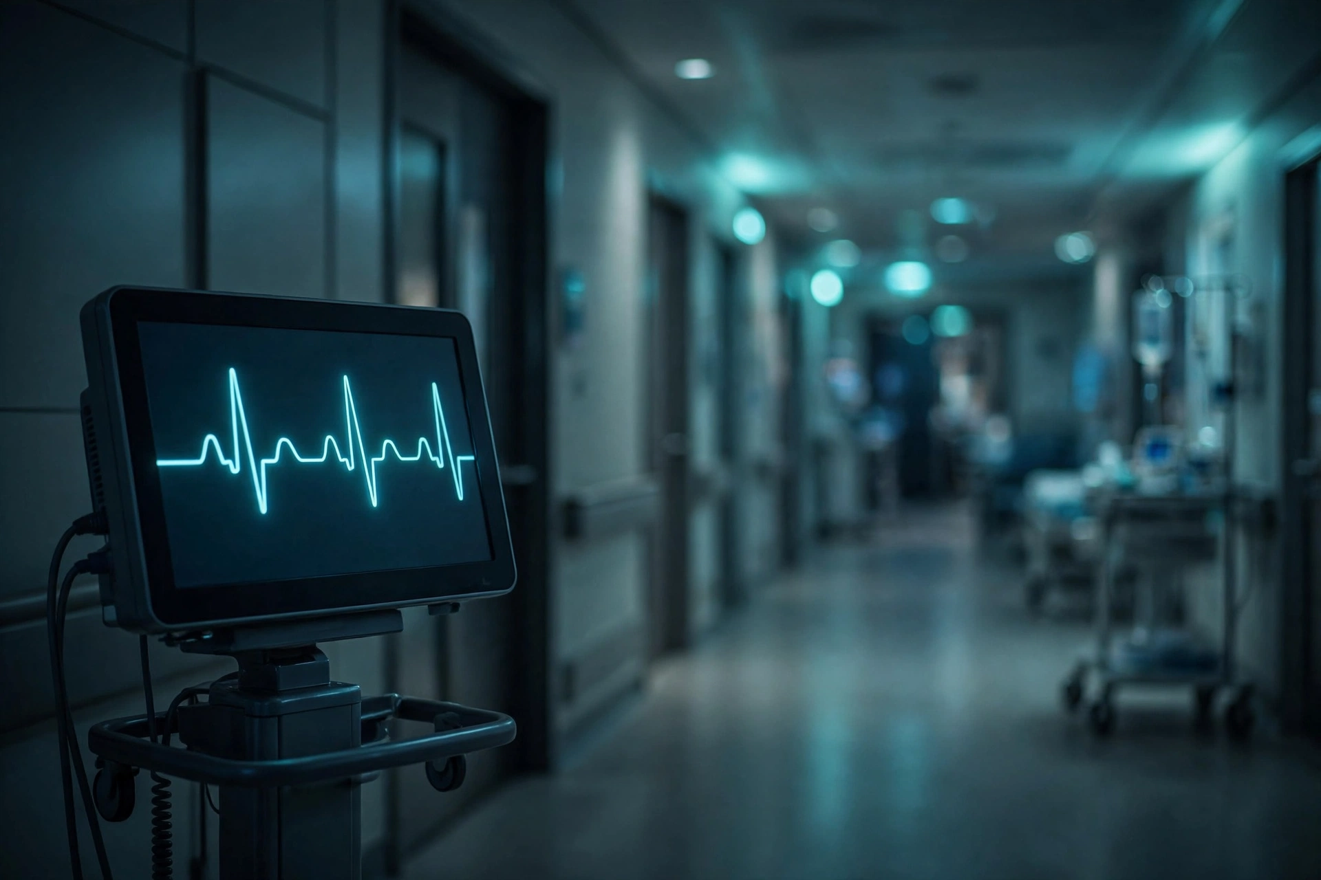 Dim hospital cardiology corridor with an EKG monitor showing a heartbeat line