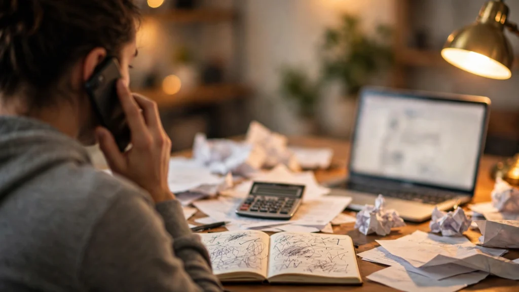 Person on the phone negotiating an insurance claim at a desk with paperwork, a notebook, and a calculator in warm home-office light