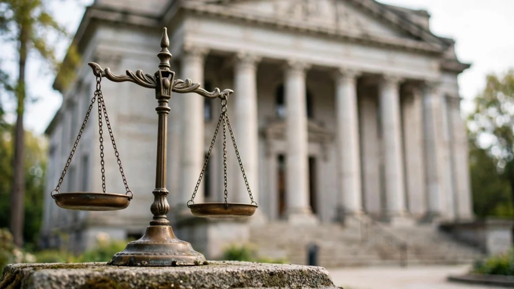 Bronze scales of justice in front of courthouse columns in daylight
