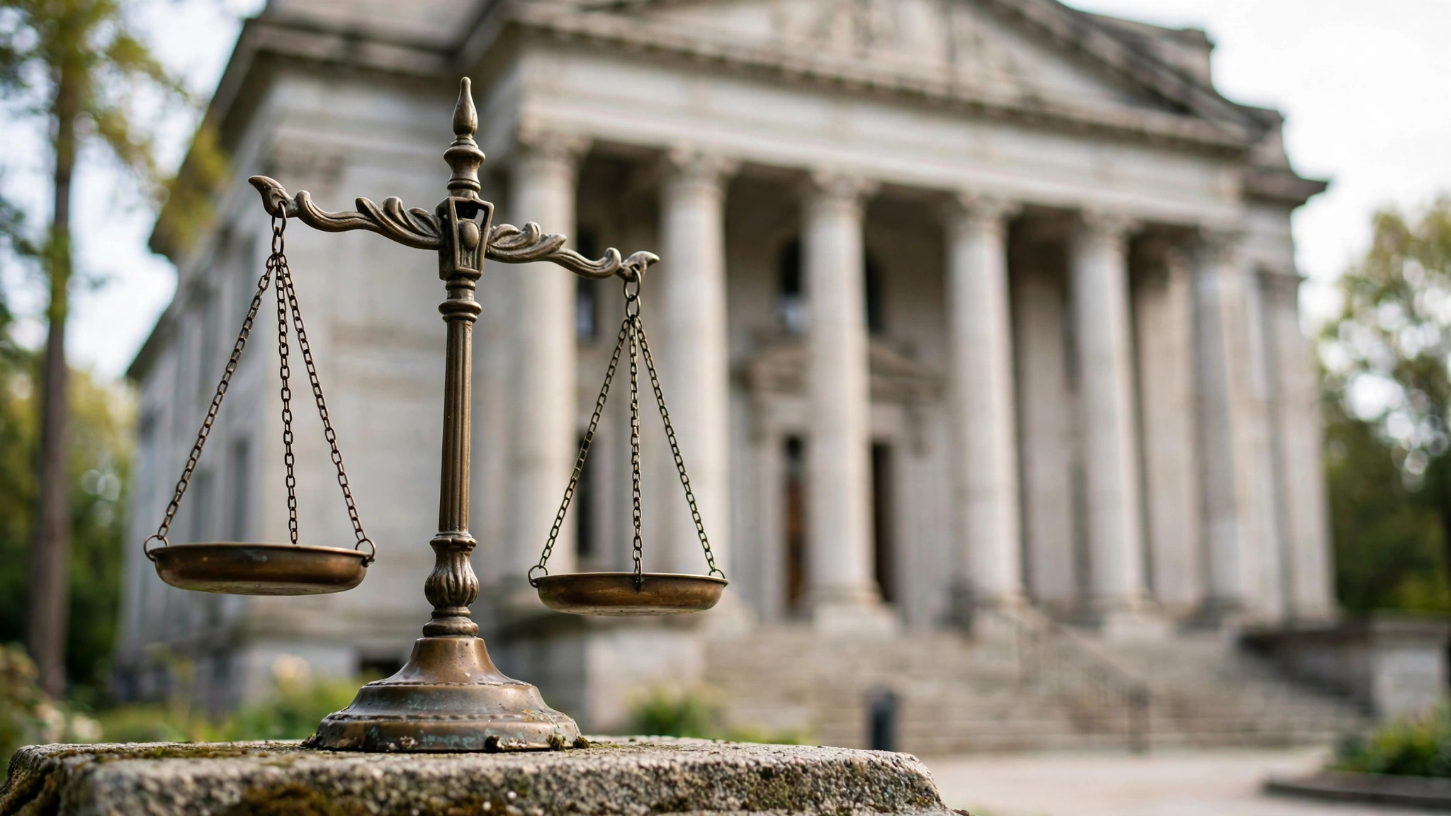 Bronze scales of justice in front of courthouse columns in daylight