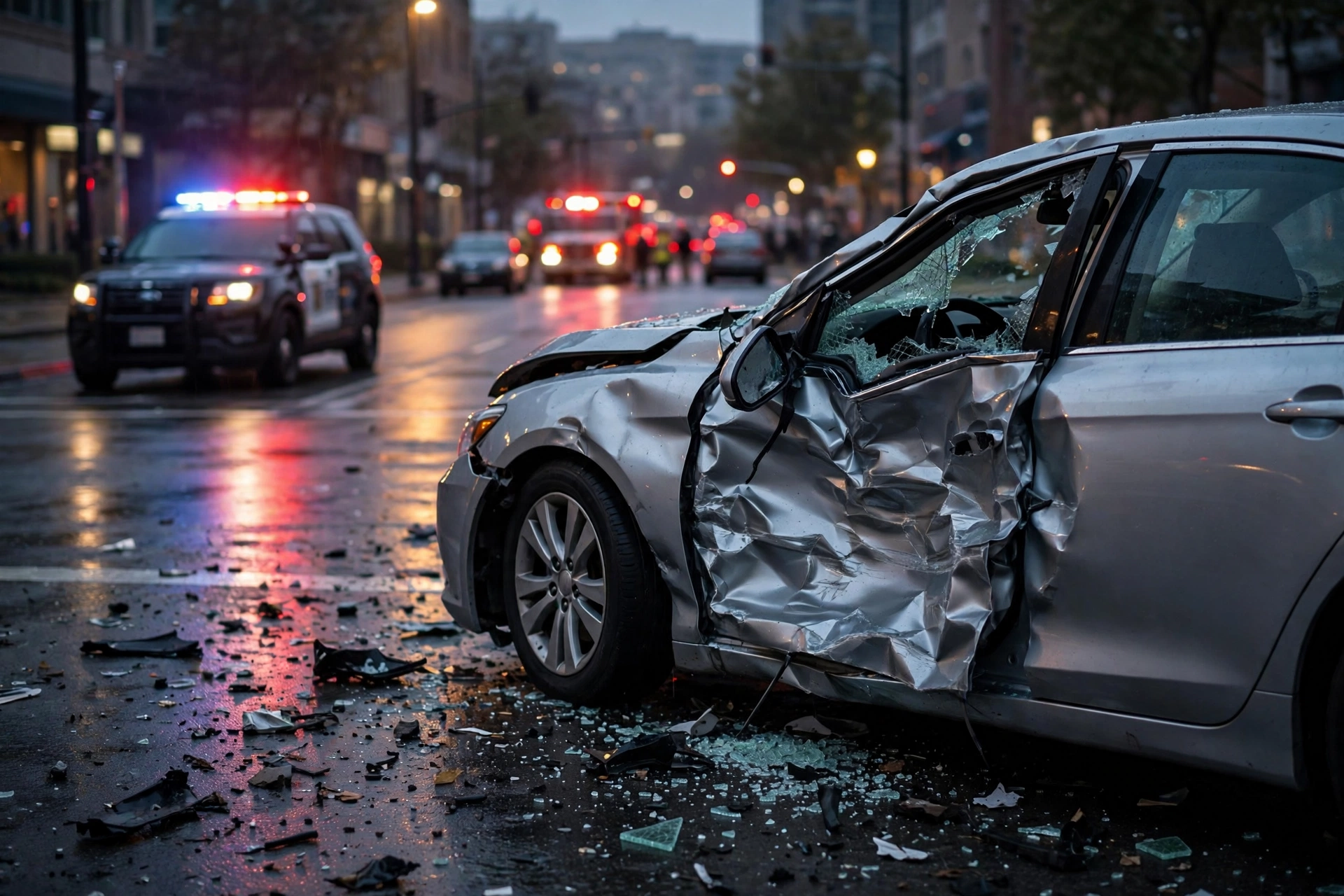 Silver sedan with crushed driver's side door after a T-bone collision at an intersection, emergency lights flashing in the background