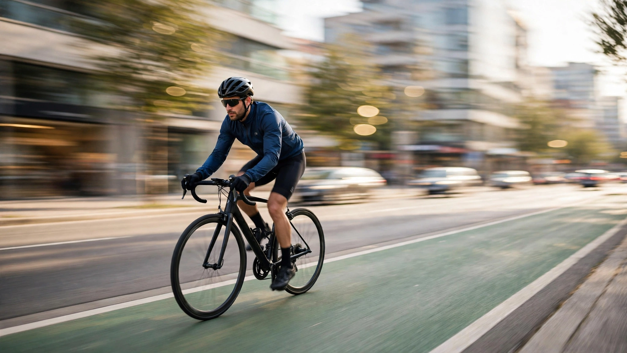 Average settlement for a bicycle accident 2026 guide - cyclist riding on a sunny city bike lane with cars passing nearby