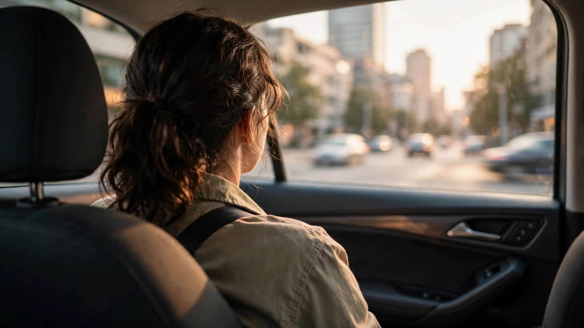 Professional 16:9 landscape photograph of an adult passenger sitting in a car seat looking out the window — can you sue for a car accident if you were a passenger guide 2026