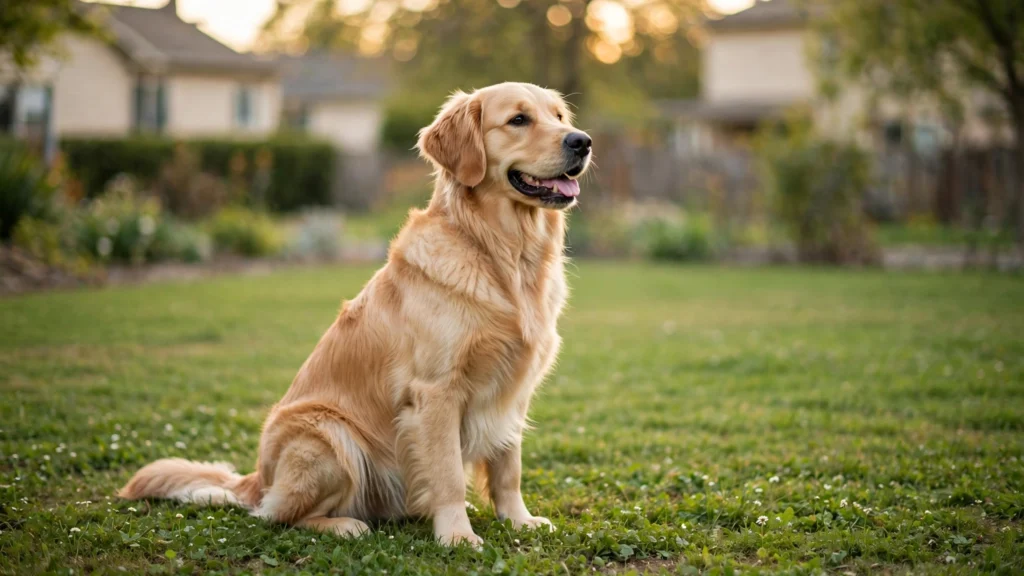 A friendly golden retriever standing on a green lawn in soft daylight, looking toward the camera — average settlement for a dog bite injury guide 2026
