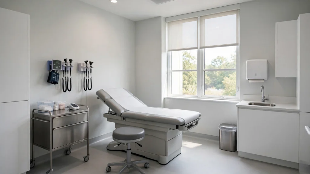 What happens at an independent medical exam in an injury case - medical exam room with exam table and equipment