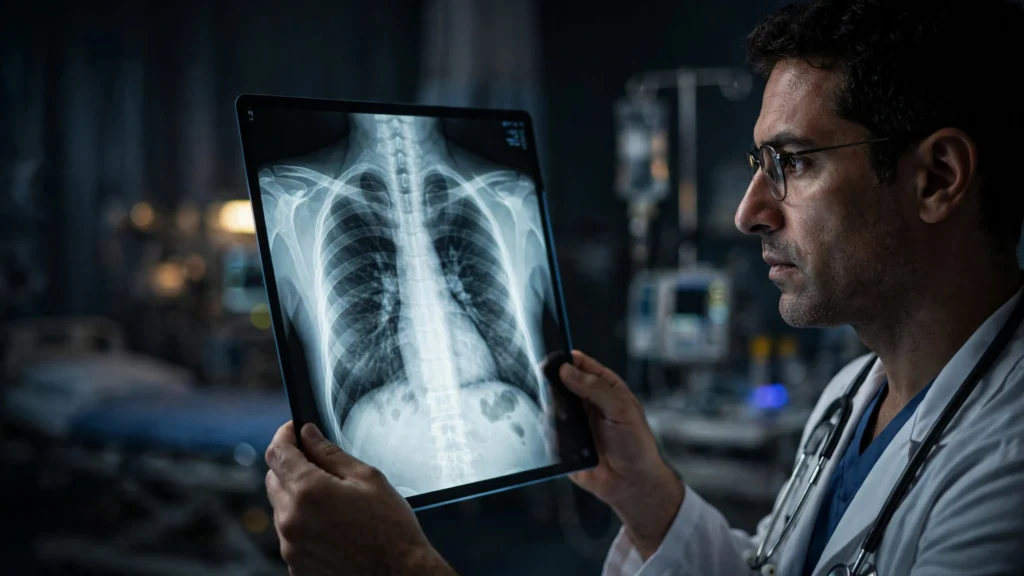 Doctor examining a chest X-ray showing the rib cage, illustrating the average settlement for broken ribs from a car accident