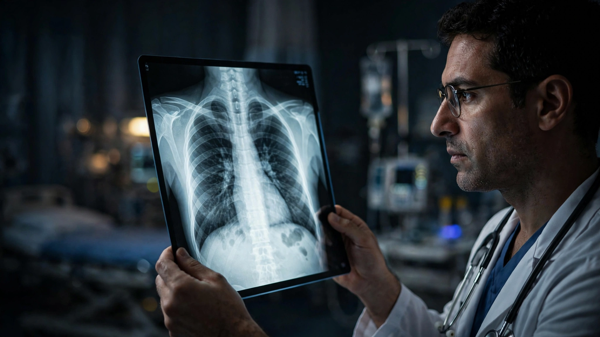 Doctor examining a chest X-ray showing the rib cage, illustrating the average settlement for broken ribs from a car accident