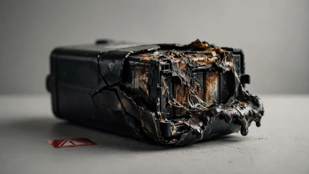 Burned lithium-ion battery with a red product recall warning label, illustrating the average settlement for defective product injury lawsuit