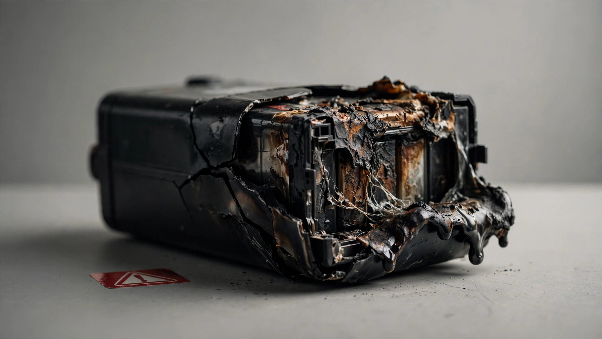 Burned lithium-ion battery with a red product recall warning label, illustrating the average settlement for defective product injury lawsuit