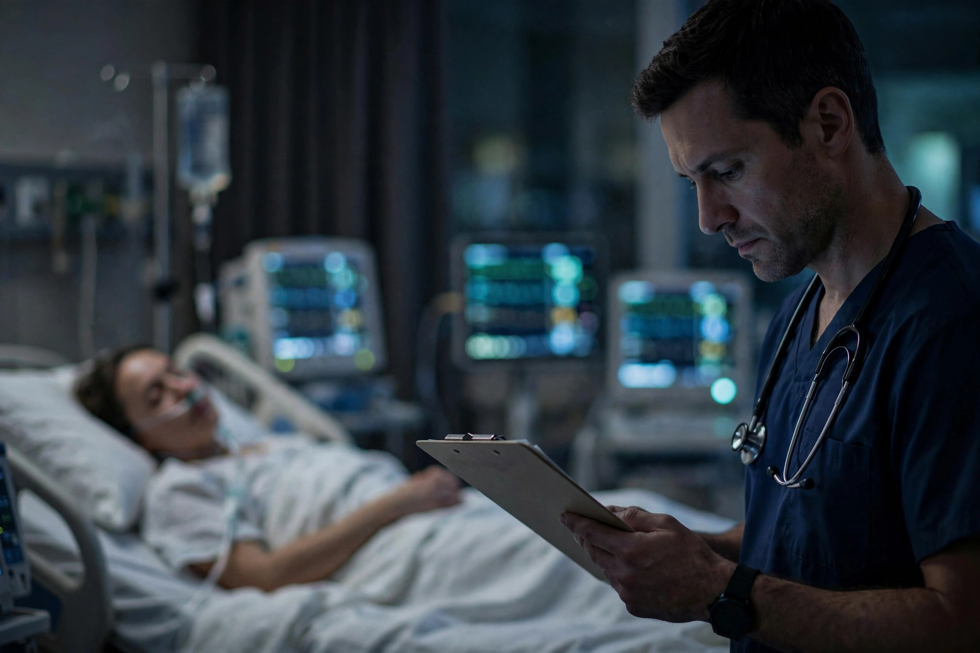 Doctor reviewing a patient's chart at the bedside in a hospital intensive care unit at night, illustrating the average settlement for delayed diagnosis of sepsis