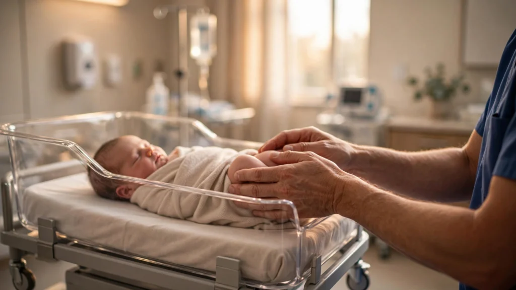 Newborn with a supported arm after a shoulder dystocia delivery, illustrating what the average settlement for birth injury shoulder dystocia depends on