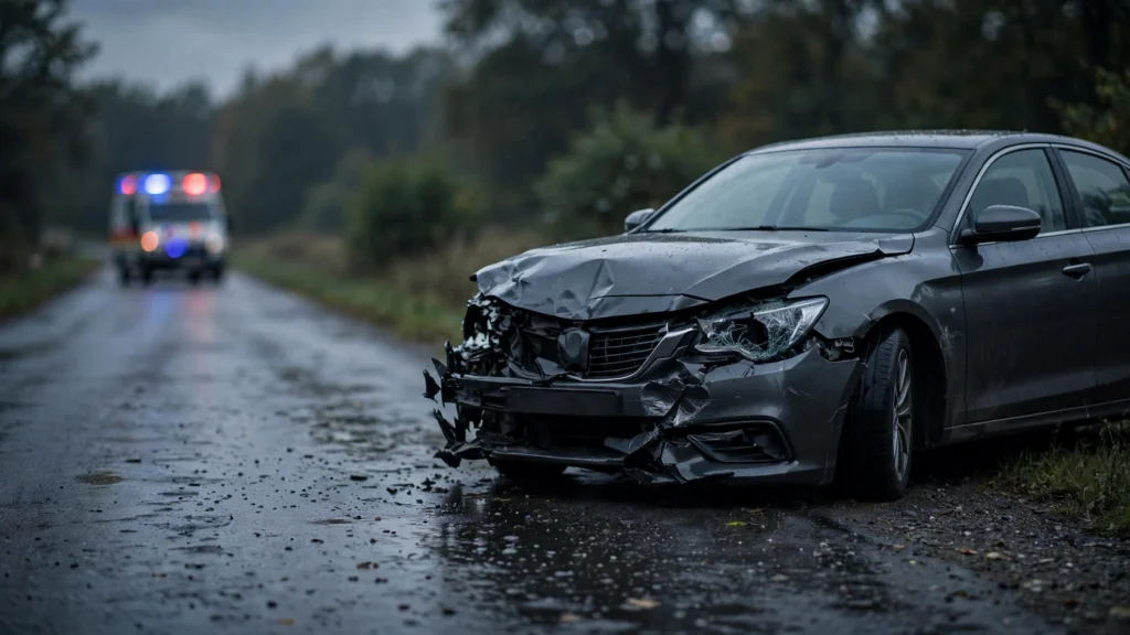 Wrecked sedan with front-end damage on a rain-soaked roadside at dusk, emergency vehicle lights blurred behind it — average settlement for broken ankle from car accident