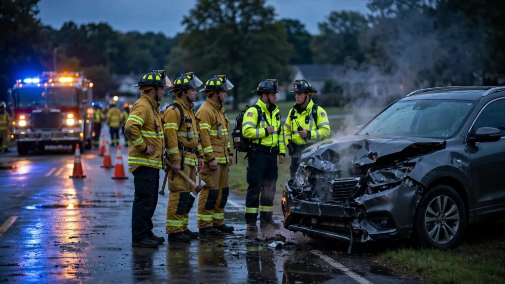 Firefighters and emergency crews beside a smoking crashed car at dusk, illustrating average settlement for burn injury from car accident