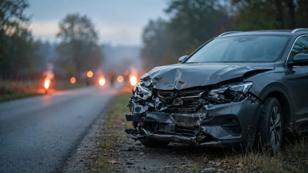 Damaged car at dusk after a crash — the factors behind the average settlement for facial scarring from car accident claims