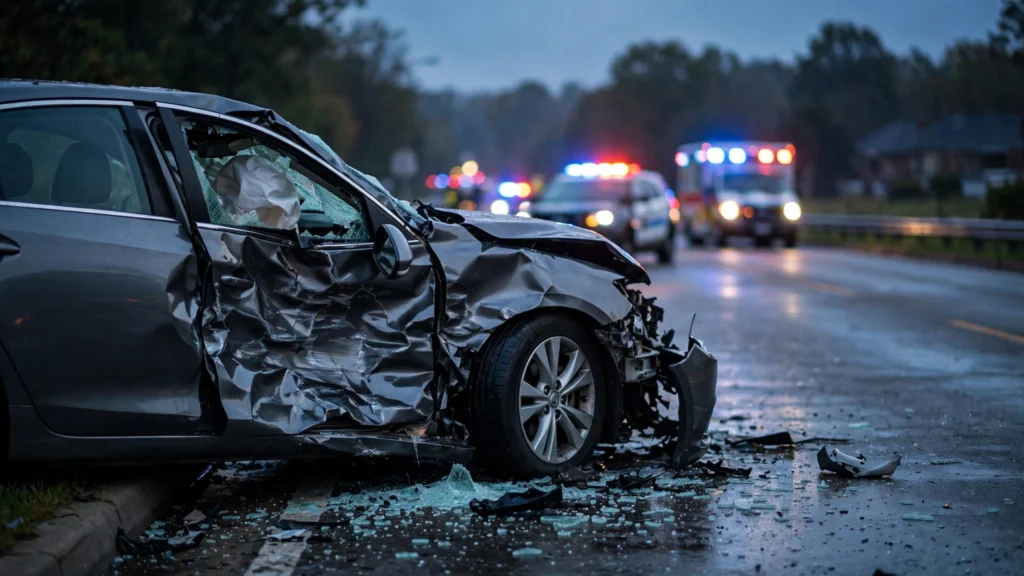 Wrecked sedan with side-impact damage and deployed airbag on a rain-soaked roadside at dusk, emergency vehicle lights glowing behind it — average settlement for fractured pelvis from car accident