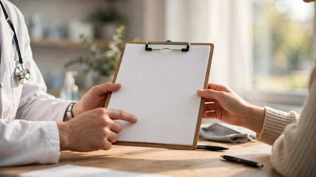 Doctor in a white coat reviewing a blank consent form on a clipboard with a patient in a bright clinic — average settlement for lack of informed consent