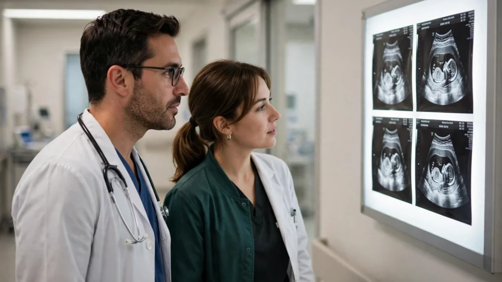 Two doctors reviewing ultrasound scan images on a light board in a hospital, about average settlement for misdiagnosed ectopic pregnancy