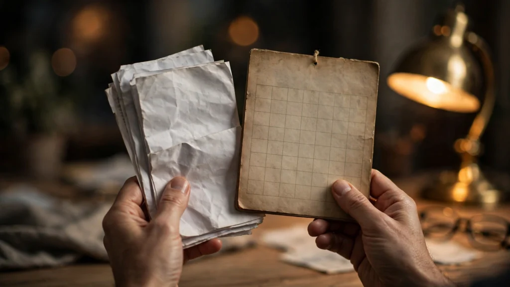 Hands holding old financial paperwork and an aged blank calendar at a lamplit home desk — can a debt collector re-age an old debt