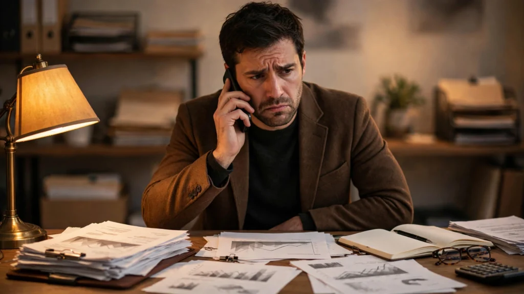 Concerned man on the phone with financial paperwork spread on a desk, illustrating can a debt collector threaten to sue you
