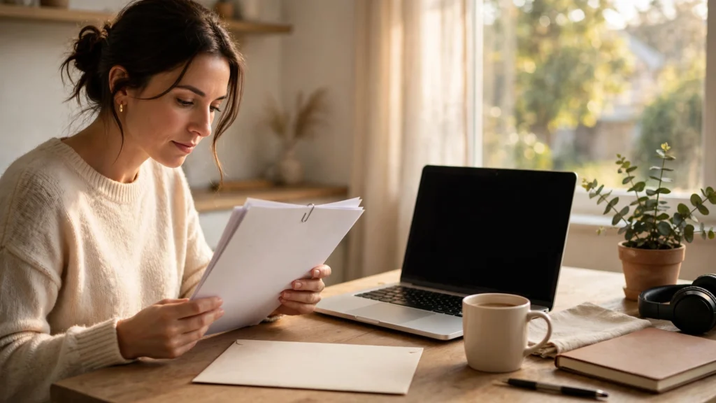 Woman reviewing insurance claim paperwork at a home office desk, about whether an insurance company can reopen a closed claim
