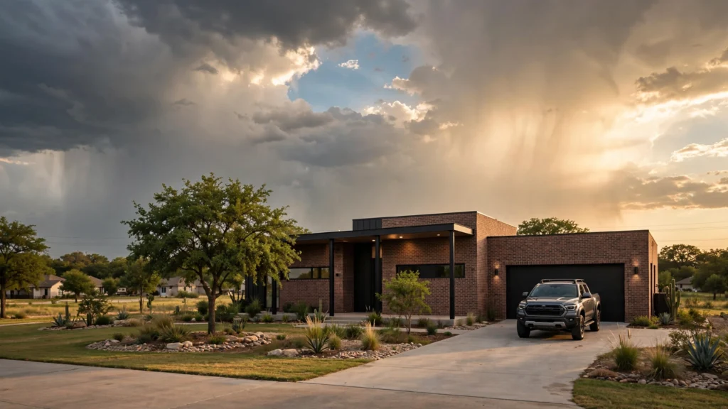 Brick Texas suburban home at dusk with a pickup truck in the driveway under clearing storm clouds — can insurance drop you after filing a claim in Texas