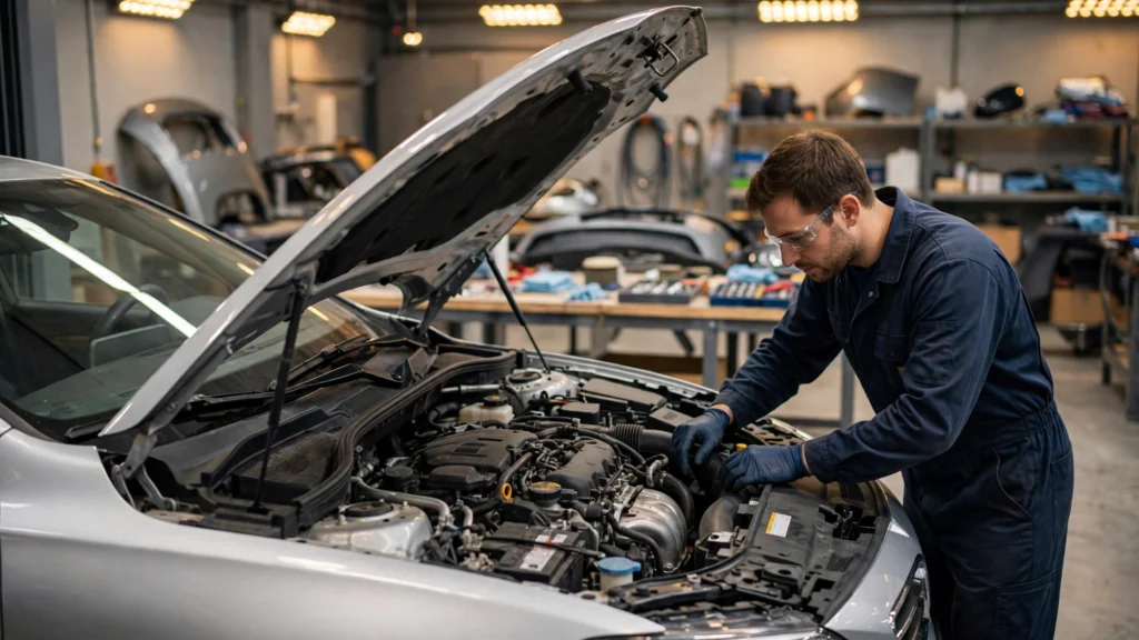 Mechanic inspecting a sedan with its hood open in a professional auto body repair shop — can insurance make you use aftermarket parts