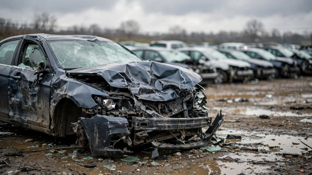 Driver wondering can insurance total my car without my consent while looking at a damaged vehicle