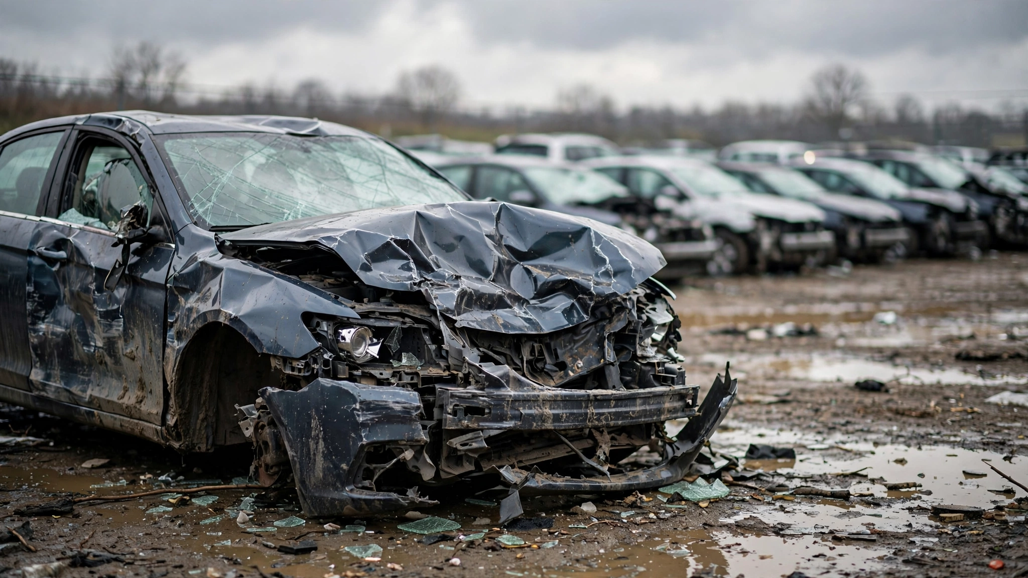 Driver wondering can insurance total my car without my consent while looking at a damaged vehicle