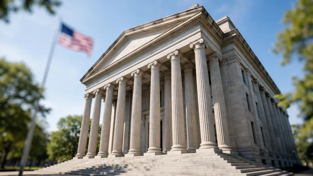 Grand federal courthouse facade with tall stone columns and a US flag in soft focus — can you sue a government agency for negligence