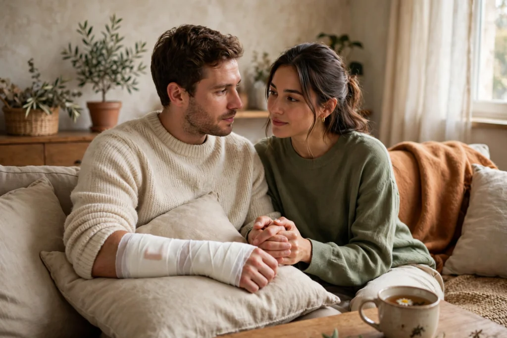 Couple holding hands at home after a serious injury — can you sue for loss of consortium as the injured person's spouse