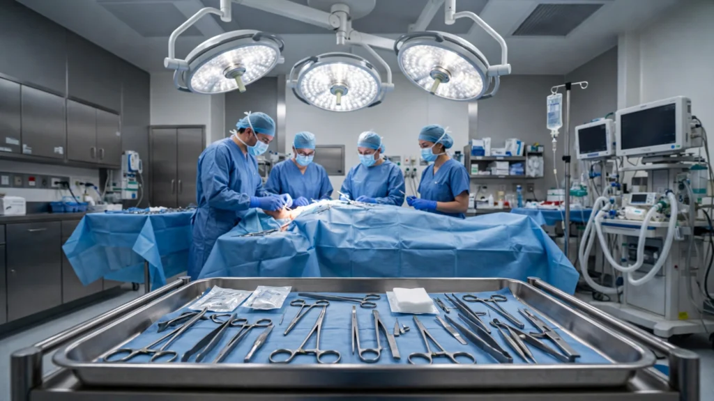 Surgical team in blue scrubs around an operating table draped in blue sheets under bright surgical lights, sterile instrument tray in the foreground — can you sue if a surgical sponge was left inside you