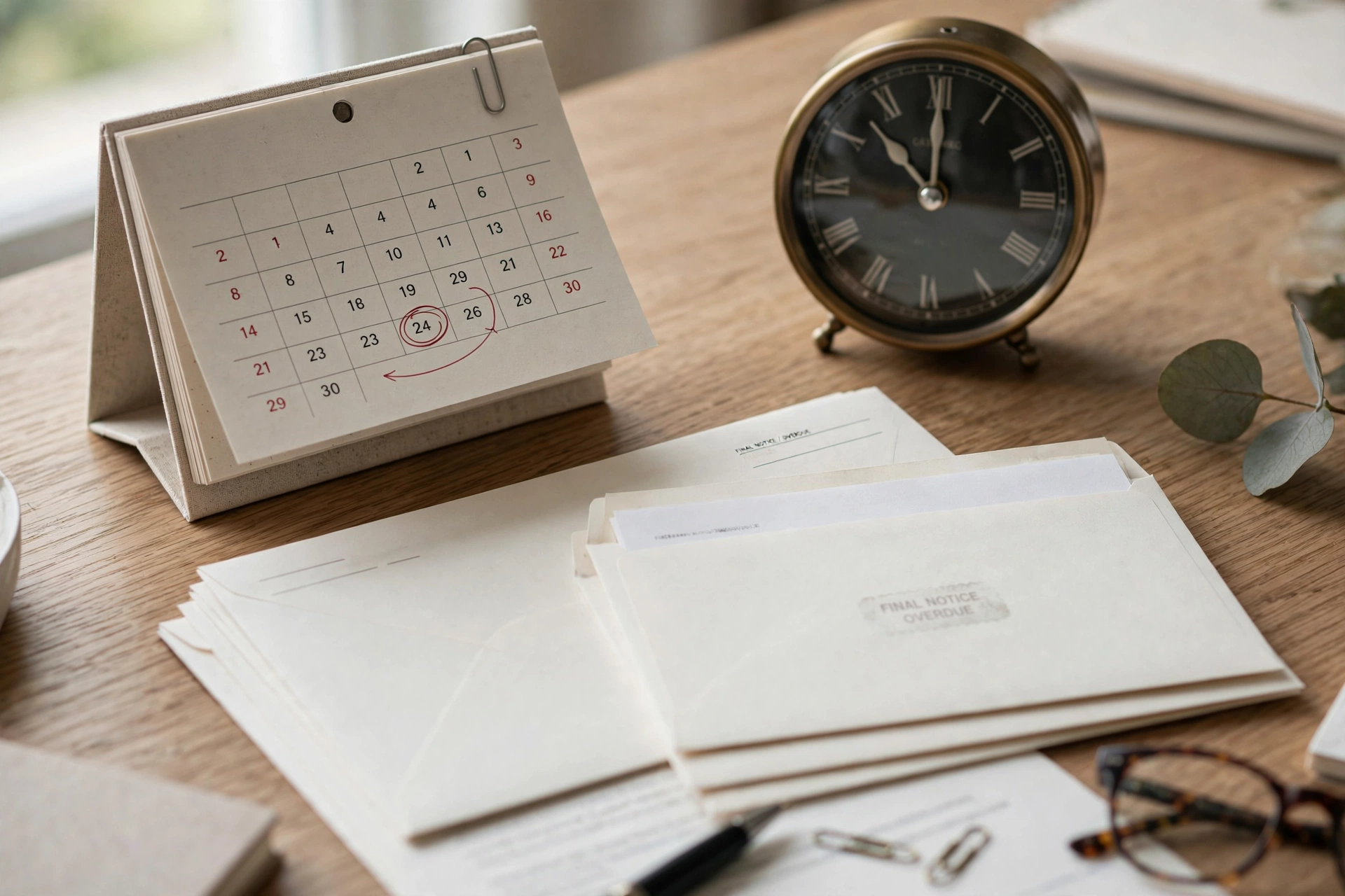 Does a payment restart the statute of limitations on debt? A desk calendar and clock beside collection letters illustrate the statute-of-limitations restart trap